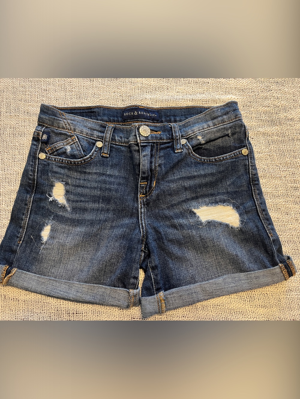 Rock & Republic Distressed Blue Denim Cuffed Shorts